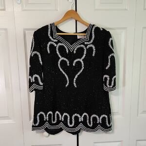 Vintage Creative Touch Black White Beaded Top Size XL Cocktail Luxury Old Money‎